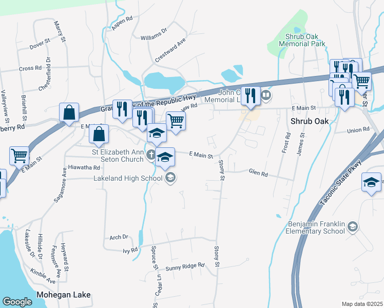 map of restaurants, bars, coffee shops, grocery stores, and more near 1321 East Main Street in Shrub Oak