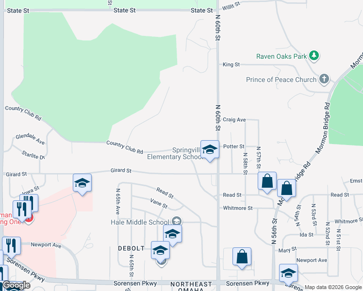 map of restaurants, bars, coffee shops, grocery stores, and more near 6140 Country Club Road in Omaha