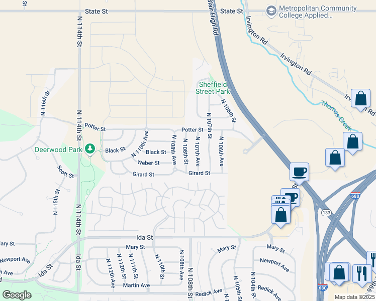 map of restaurants, bars, coffee shops, grocery stores, and more near 7412 North 107th Avenue in Omaha