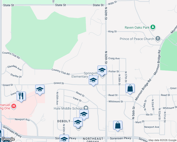 map of restaurants, bars, coffee shops, grocery stores, and more near 6140 Country Club Road in Omaha