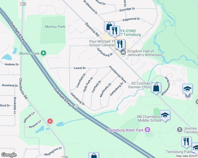 map of restaurants, bars, coffee shops, grocery stores, and more near 9430 Fairfield Drive in Twinsburg