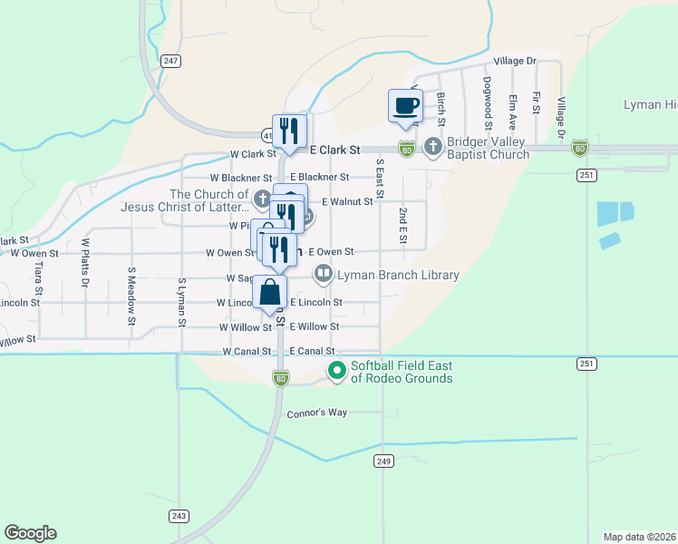 map of restaurants, bars, coffee shops, grocery stores, and more near 201-217 E Sage St in Lyman