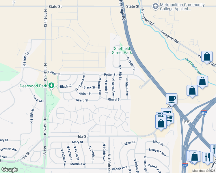 map of restaurants, bars, coffee shops, grocery stores, and more near 7412 North 107th Avenue in Omaha