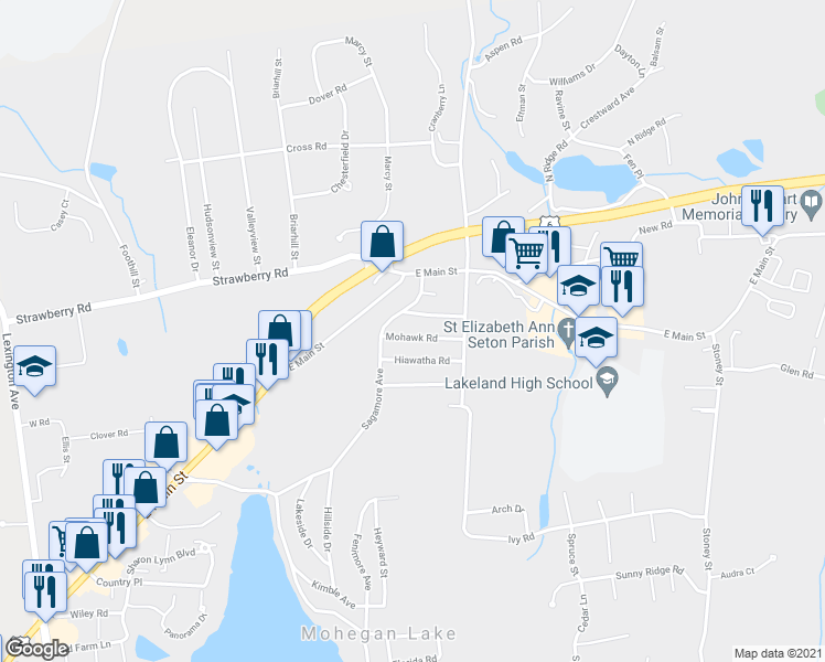 map of restaurants, bars, coffee shops, grocery stores, and more near 1458 Mohawk Road in Mohegan Lake