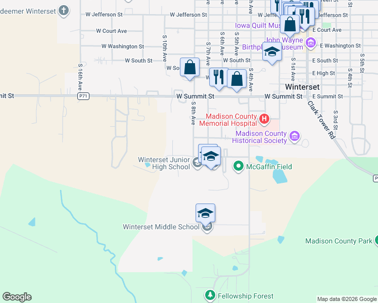 map of restaurants, bars, coffee shops, grocery stores, and more near 624 Husky Drive in Winterset