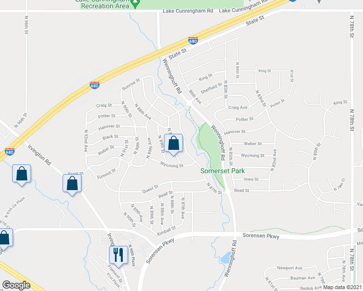 map of restaurants, bars, coffee shops, grocery stores, and more near 7384 North 87th Street in Omaha