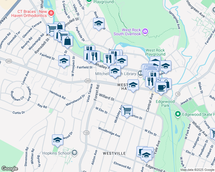 map of restaurants, bars, coffee shops, grocery stores, and more near 216 Fountain Street in New Haven