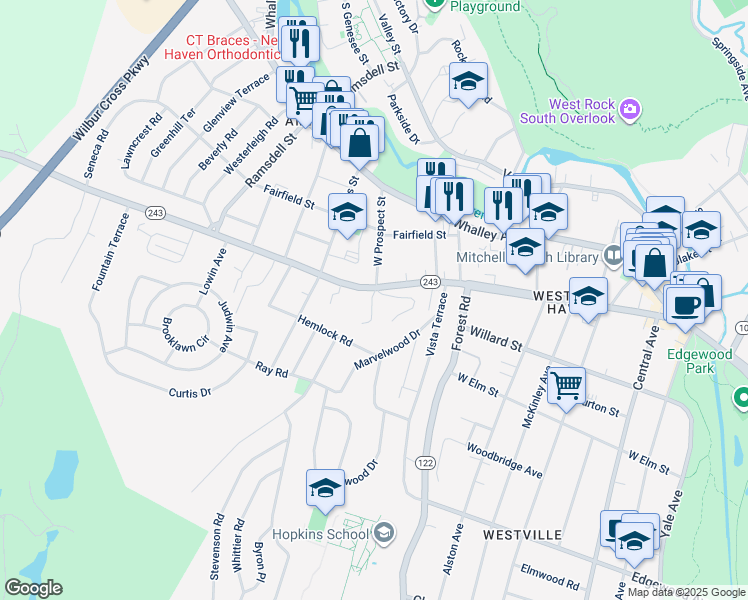 map of restaurants, bars, coffee shops, grocery stores, and more near 105 Gilnock Drive in New Haven