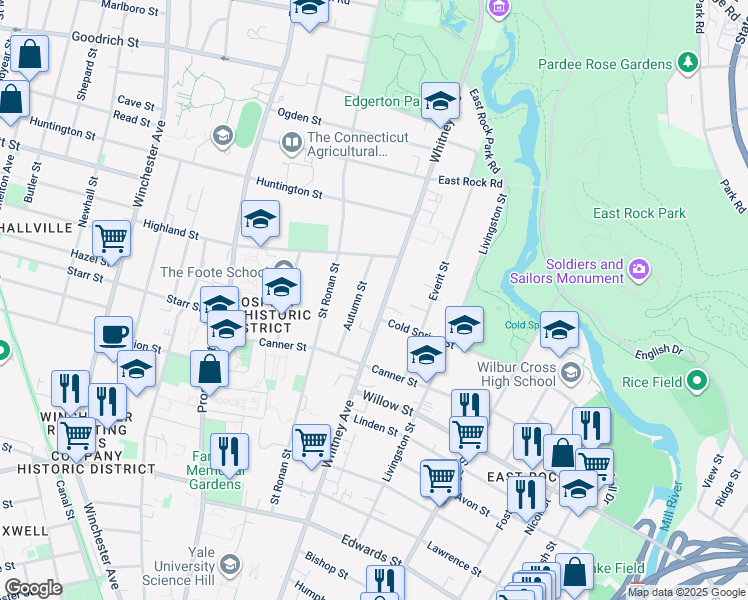 map of restaurants, bars, coffee shops, grocery stores, and more near 590 Whitney Avenue in New Haven