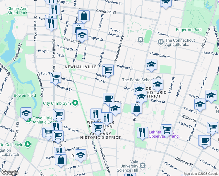 map of restaurants, bars, coffee shops, grocery stores, and more near 527 Winchester Avenue in New Haven