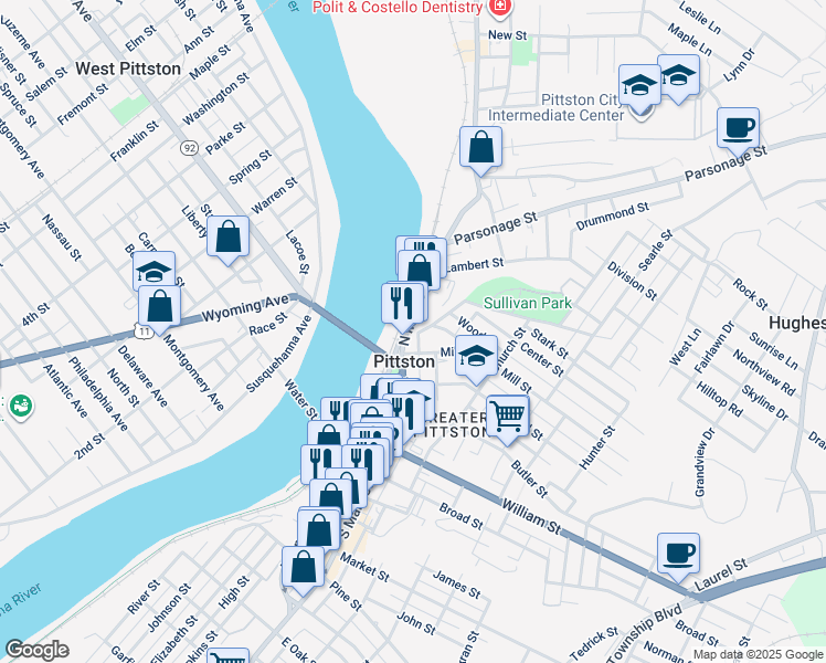 map of restaurants, bars, coffee shops, grocery stores, and more near in Pittston