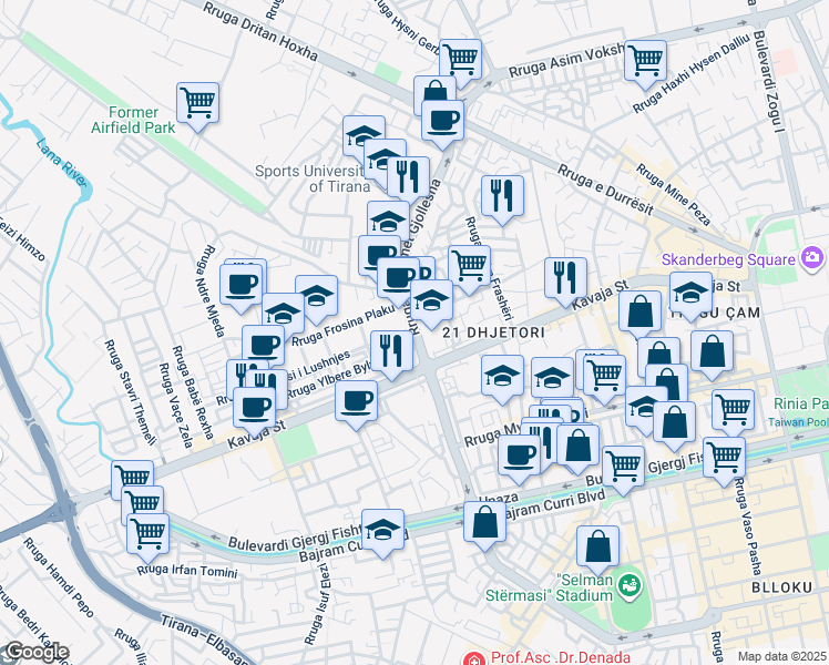 map of restaurants, bars, coffee shops, grocery stores, and more near Rruga Muhamet Gjollesha in Tirana