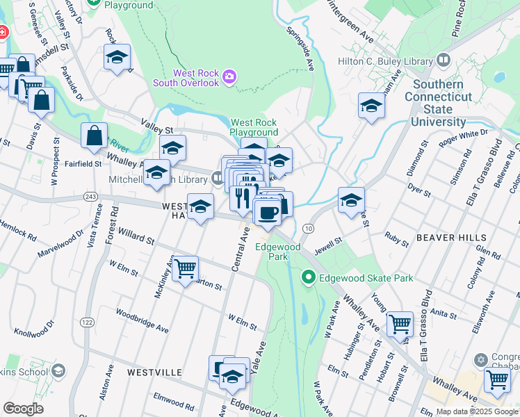 map of restaurants, bars, coffee shops, grocery stores, and more near 650 Central Avenue in New Haven