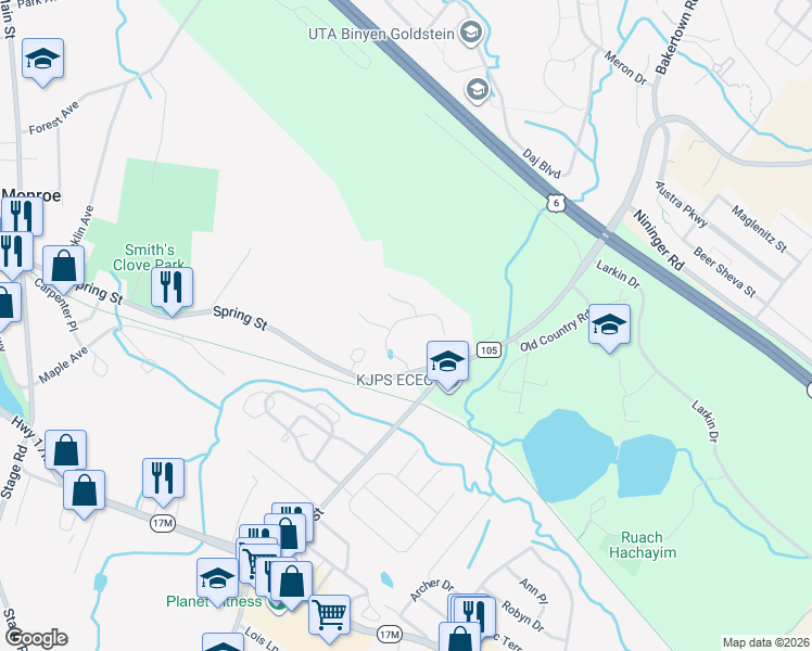 map of restaurants, bars, coffee shops, grocery stores, and more near 5 King Street in Monroe