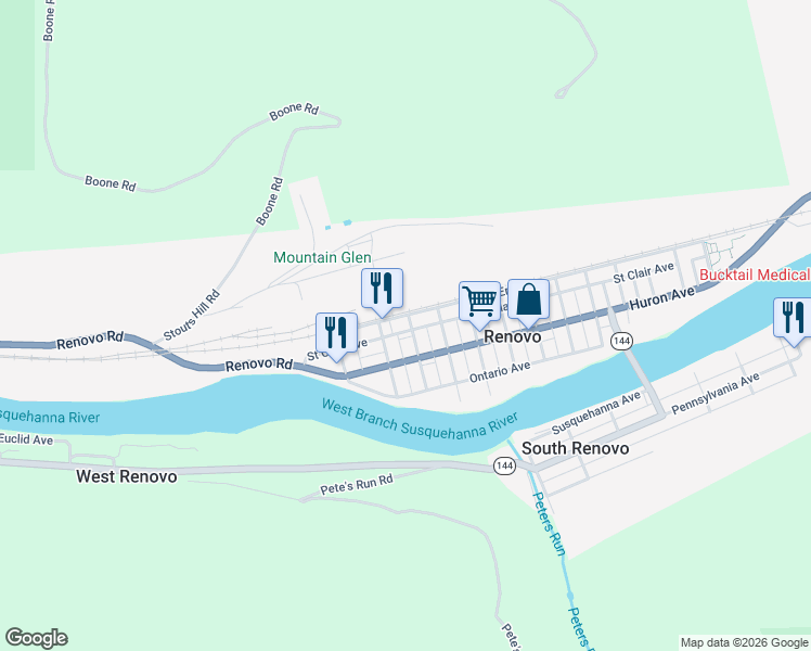 map of restaurants, bars, coffee shops, grocery stores, and more near 362-410 Saint Clair Avenue in Renovo