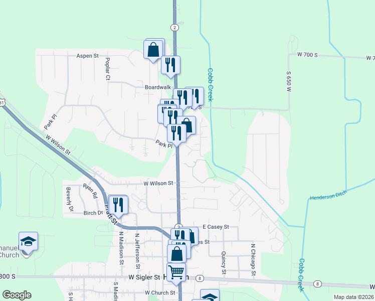 map of restaurants, bars, coffee shops, grocery stores, and more near 699 Misty Lane in Hebron