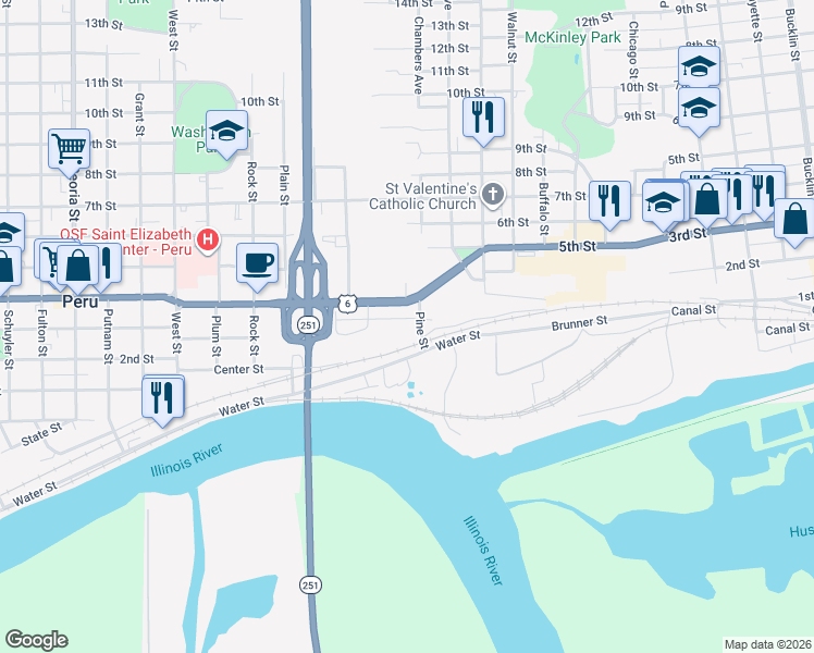 map of restaurants, bars, coffee shops, grocery stores, and more near 919 Bluff Street in Peru