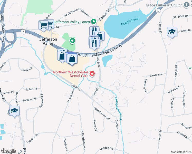 map of restaurants, bars, coffee shops, grocery stores, and more near 3505 Hill Boulevard in Yorktown Heights