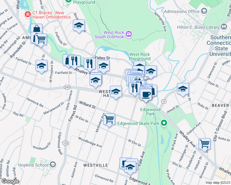 map of restaurants, bars, coffee shops, grocery stores, and more near 115 Connecticut 243 in New Haven