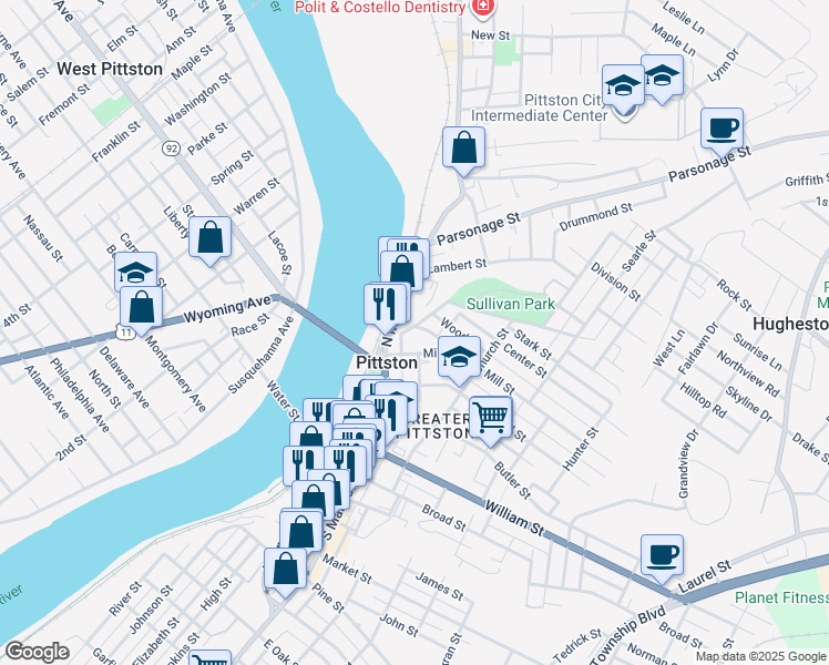 map of restaurants, bars, coffee shops, grocery stores, and more near 18 Mill Hill Street in Pittston