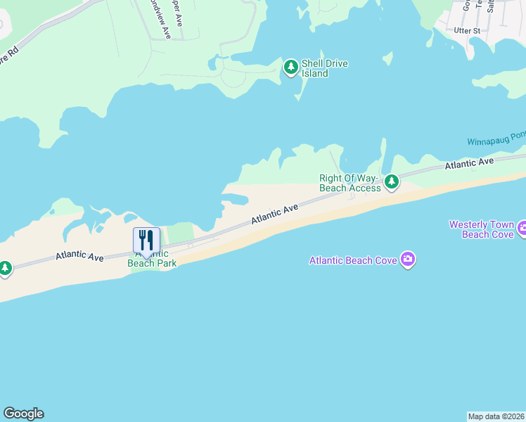 map of restaurants, bars, coffee shops, grocery stores, and more near 408 Atlantic Avenue in Westerly