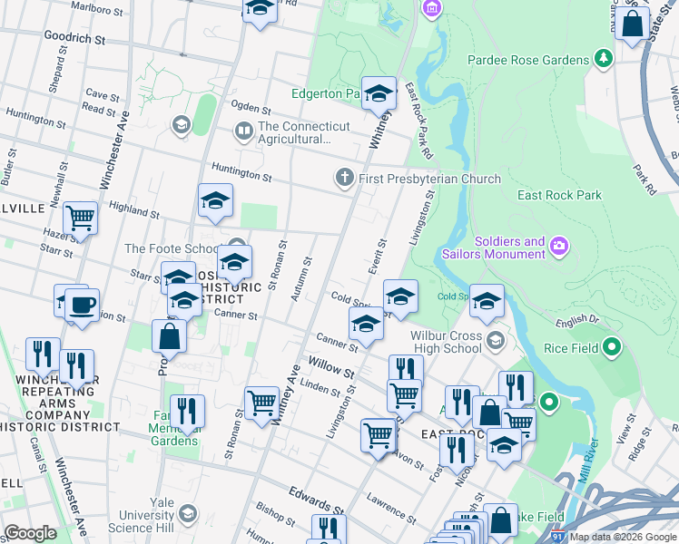 map of restaurants, bars, coffee shops, grocery stores, and more near 591 Whitney Avenue in New Haven
