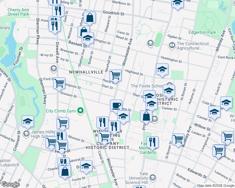 map of restaurants, bars, coffee shops, grocery stores, and more near 527 Winchester Avenue in New Haven