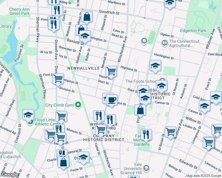 map of restaurants, bars, coffee shops, grocery stores, and more near 527 Winchester Avenue in New Haven
