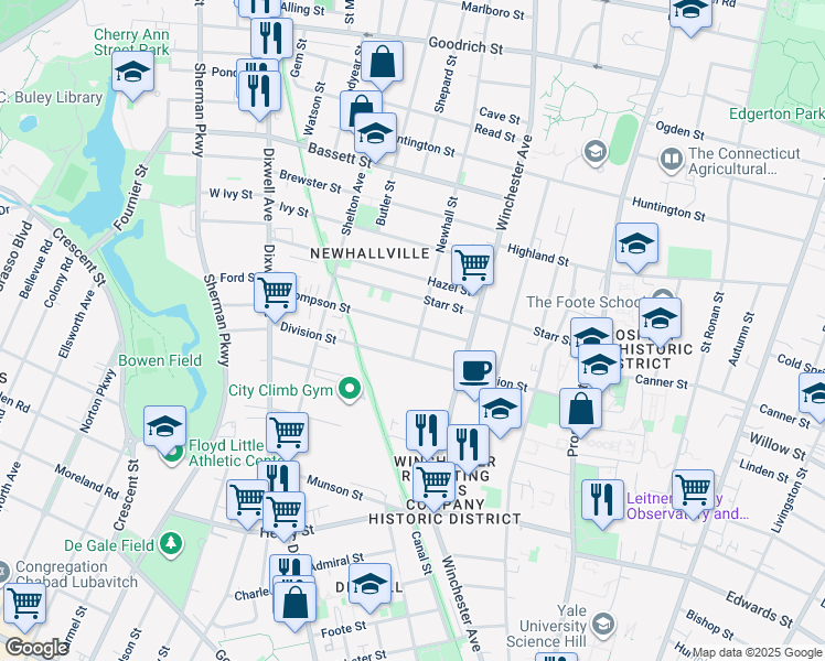 map of restaurants, bars, coffee shops, grocery stores, and more near 94 Newhall Street in New Haven