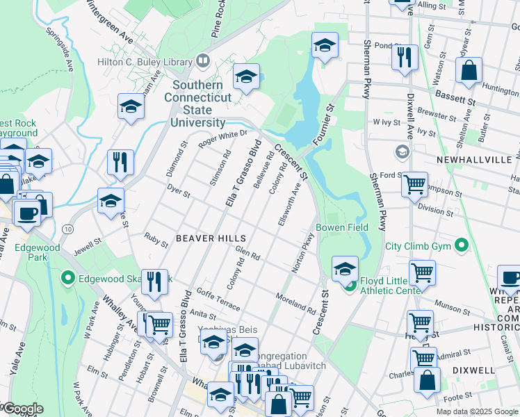 map of restaurants, bars, coffee shops, grocery stores, and more near 305 Bellevue Road in New Haven