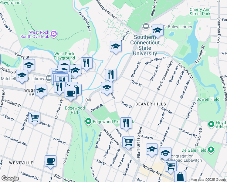 map of restaurants, bars, coffee shops, grocery stores, and more near 253 Blake Street in New Haven
