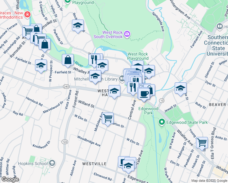 map of restaurants, bars, coffee shops, grocery stores, and more near 115 Connecticut 243 in New Haven