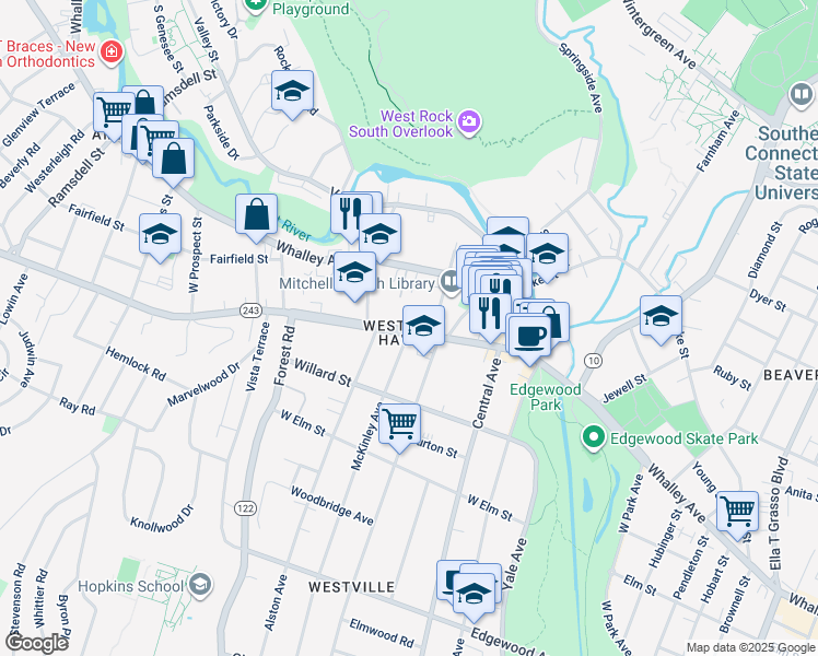 map of restaurants, bars, coffee shops, grocery stores, and more near 115 Connecticut 243 in New Haven