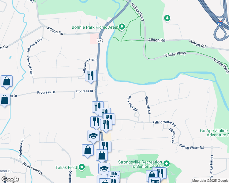 map of restaurants, bars, coffee shops, grocery stores, and more near 12206 Park Cliff Road in Strongsville