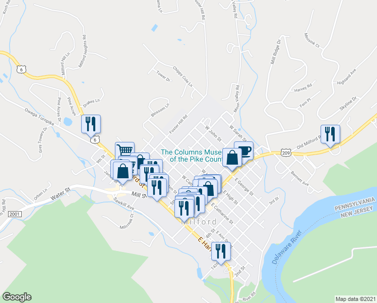 map of restaurants, bars, coffee shops, grocery stores, and more near 420 6th Street in Milford