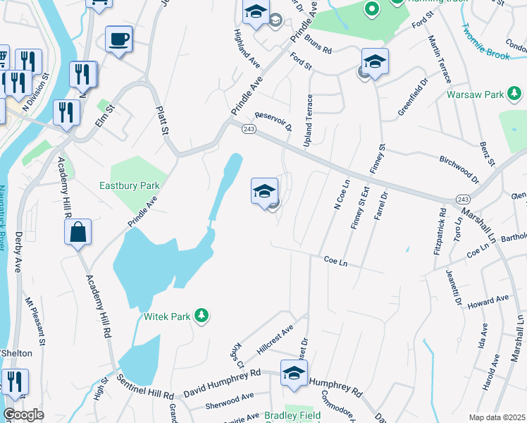 map of restaurants, bars, coffee shops, grocery stores, and more near 20 Pulaski Highway in Ansonia