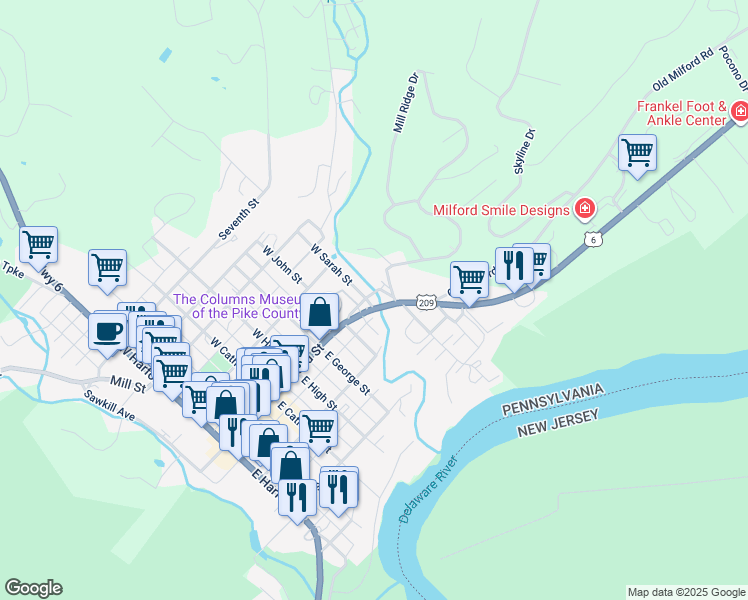 map of restaurants, bars, coffee shops, grocery stores, and more near 801 Broad Street in Milford