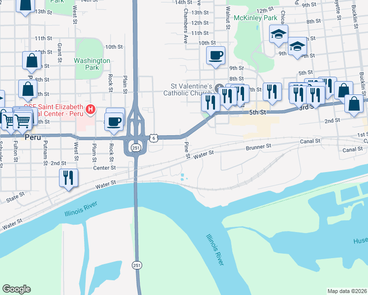 map of restaurants, bars, coffee shops, grocery stores, and more near 919 Bluff Street in Peru