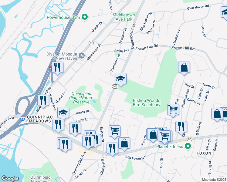 map of restaurants, bars, coffee shops, grocery stores, and more near 1481 Quinnipiac Avenue in New Haven