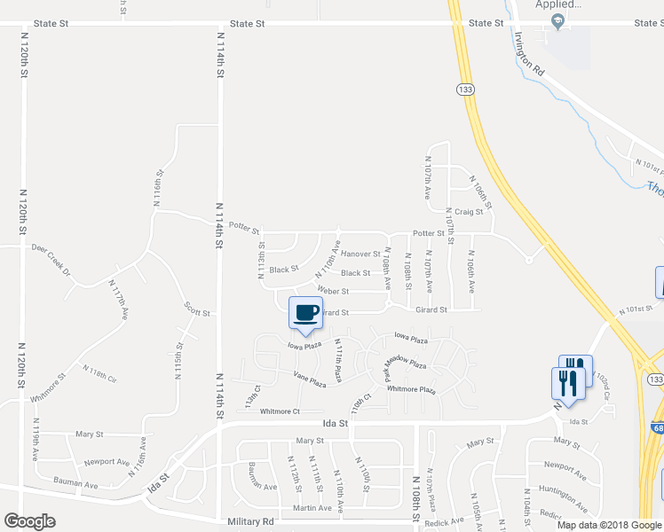 map of restaurants, bars, coffee shops, grocery stores, and more near 11014 Black Street in Omaha