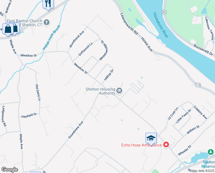 map of restaurants, bars, coffee shops, grocery stores, and more near 214 Meadow Street in Shelton