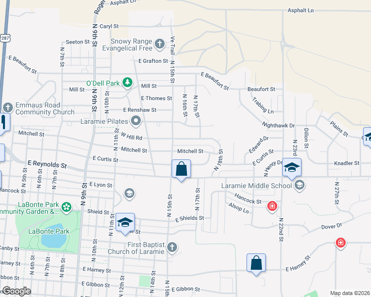 map of restaurants, bars, coffee shops, grocery stores, and more near 1500-1732 E Mitchell St in Laramie