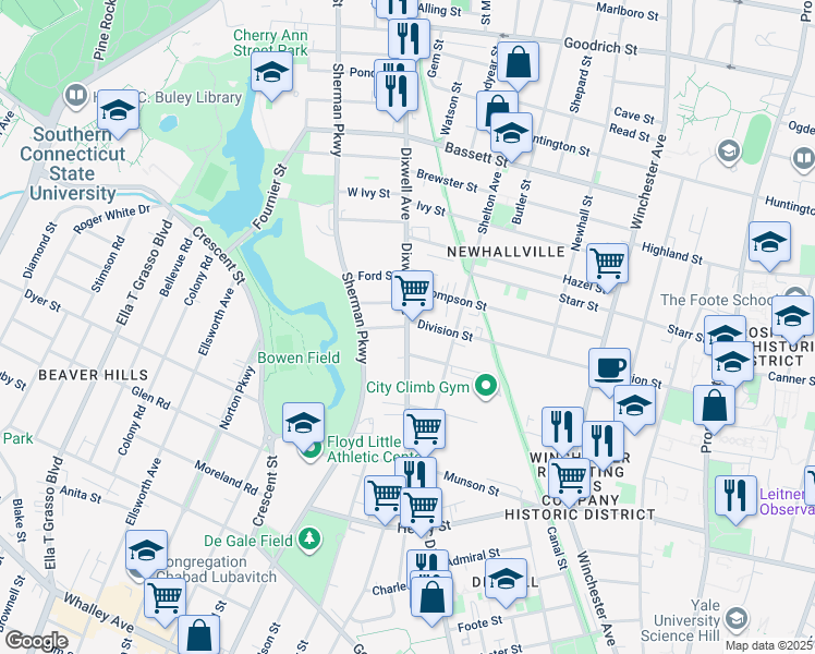 map of restaurants, bars, coffee shops, grocery stores, and more near Dixwell Ave & W Division St in New Haven