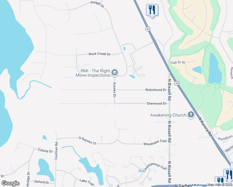 map of restaurants, bars, coffee shops, grocery stores, and more near 619 Robinhood Drive in Aurora