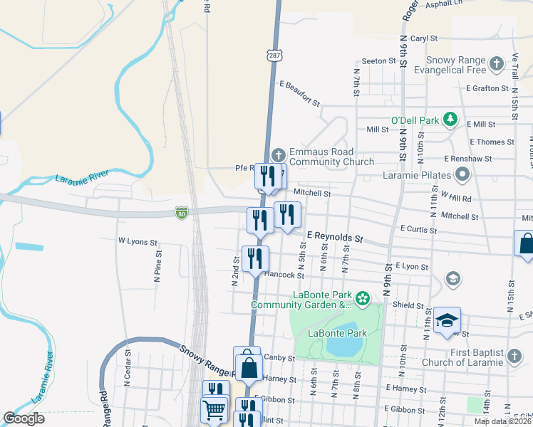 map of restaurants, bars, coffee shops, grocery stores, and more near 300-398 E Curtis St in Laramie