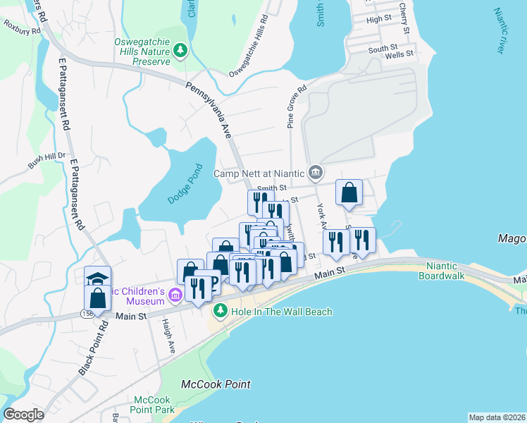 map of restaurants, bars, coffee shops, grocery stores, and more near 88 Pennsylvania Avenue in East Lyme