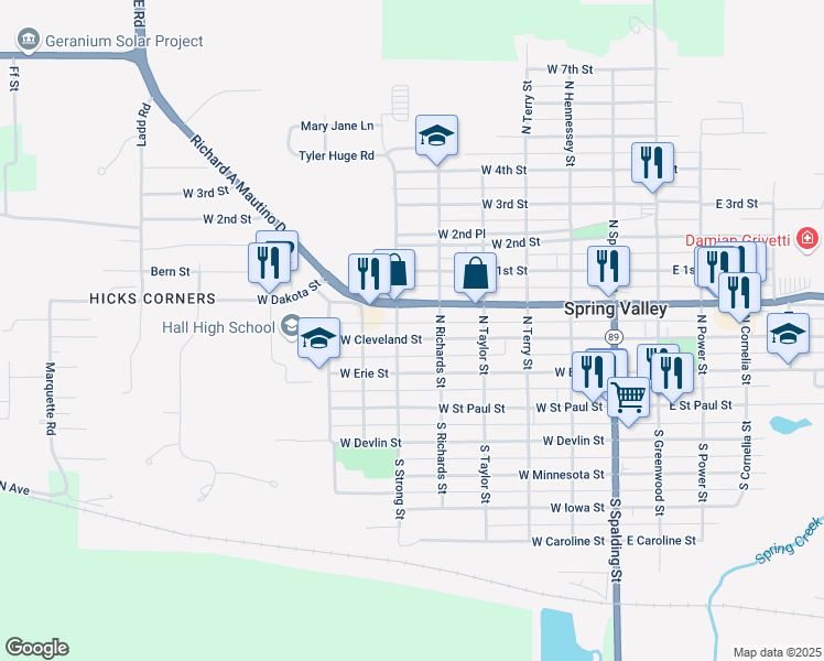 map of restaurants, bars, coffee shops, grocery stores, and more near 527 West Cleveland Street in Spring Valley
