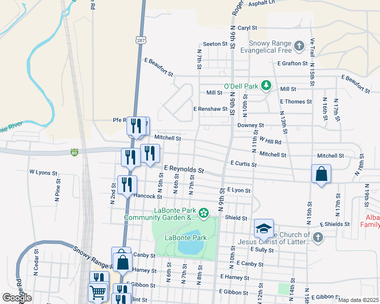 map of restaurants, bars, coffee shops, grocery stores, and more near 702 East Curtis Street in Laramie