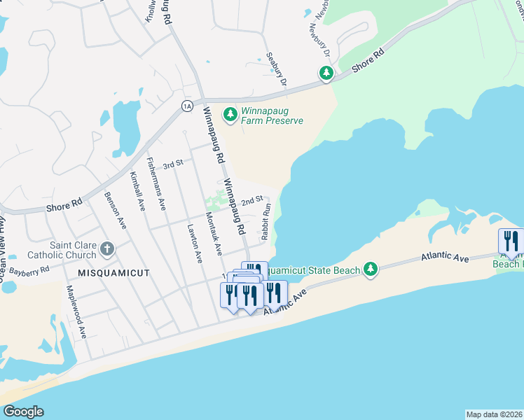 map of restaurants, bars, coffee shops, grocery stores, and more near 12 Rabbit Run in Westerly