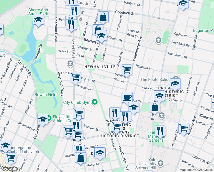 map of restaurants, bars, coffee shops, grocery stores, and more near 94 Newhall Street in New Haven